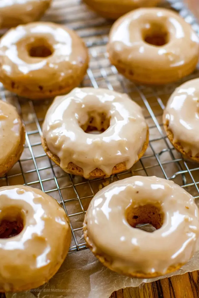 Freshly baked maple glazed donuts topped with pecans on a wooden table