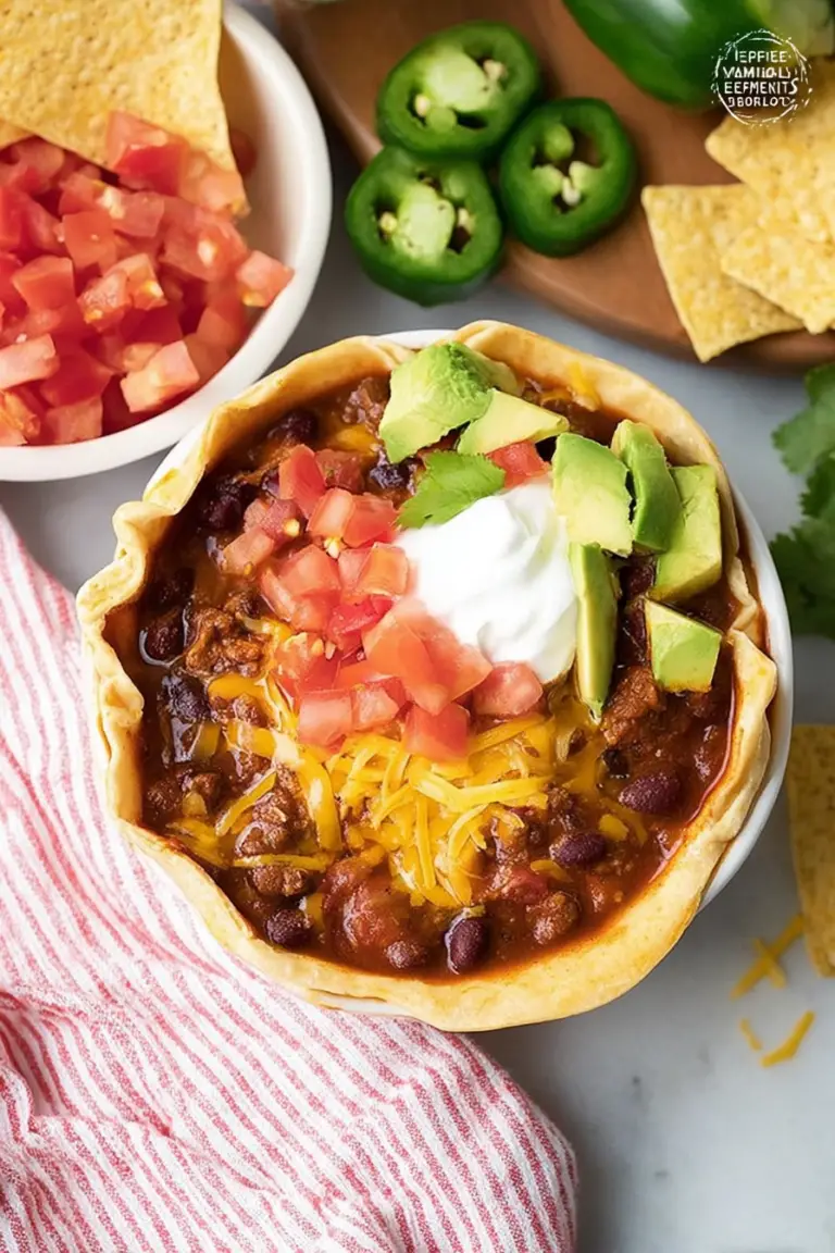Delicious Mexican chili served in a crispy tostada bowl with garnishes of cilantro and avocado.