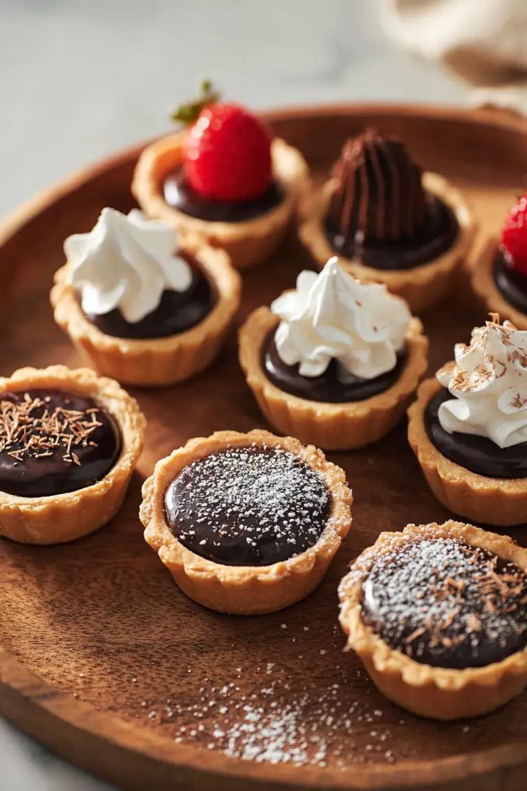 Delicious mini chocolate tarts topped with whipped cream and fresh strawberries on a wooden serving board.