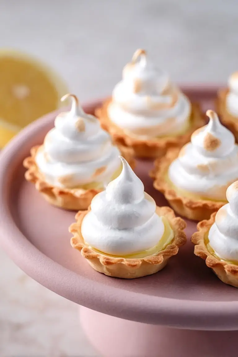 A collection of mini lemon meringue tarts garnished with mint and lemon slices on a rustic table.