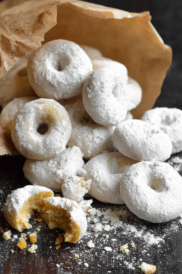 Delicious mini powdered sugar doughnuts on a plate with coffee and fruit.