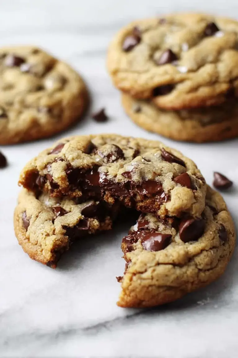 Plate of golden brown chocolate chip cookies with melting chocolate chips on top.