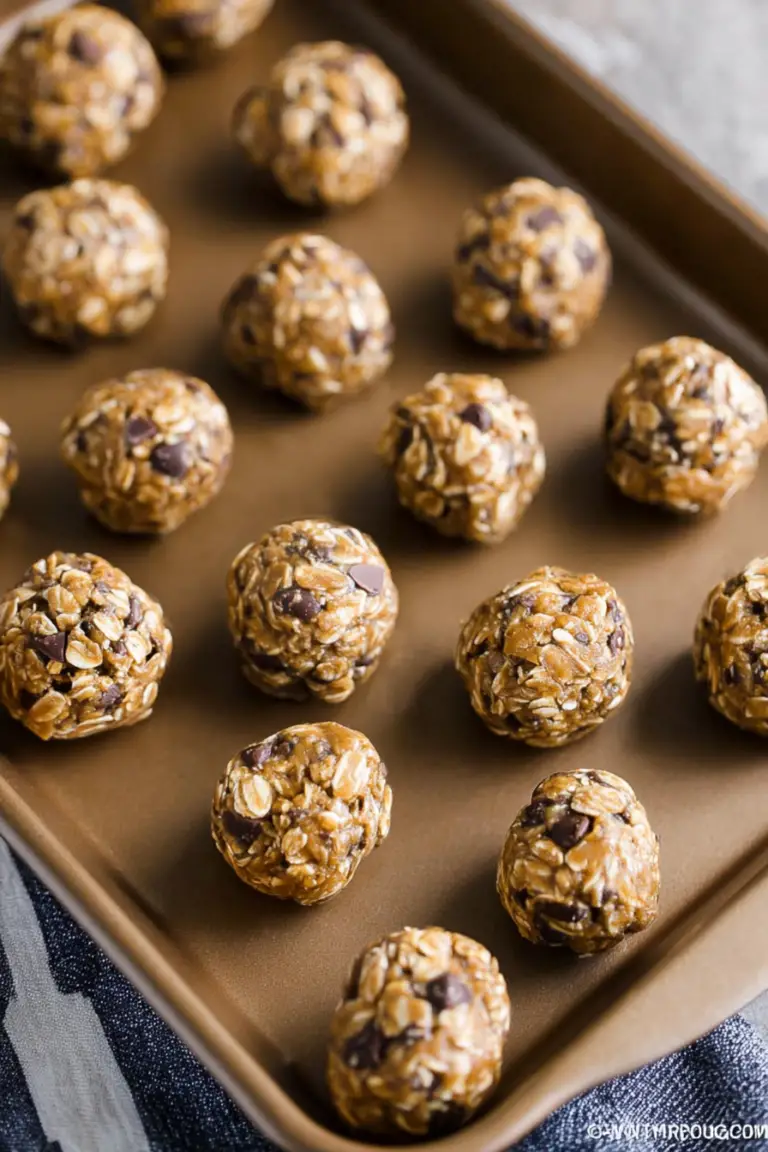 Close-up of peanut butter oat balls topped with chocolate chips arranged on a wooden plate.