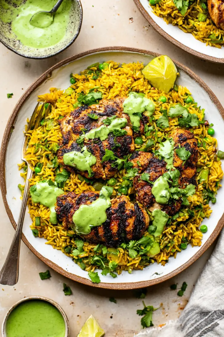 Delicious Peruvian chicken with green sauce served on yellow rice, garnished with fresh cilantro.