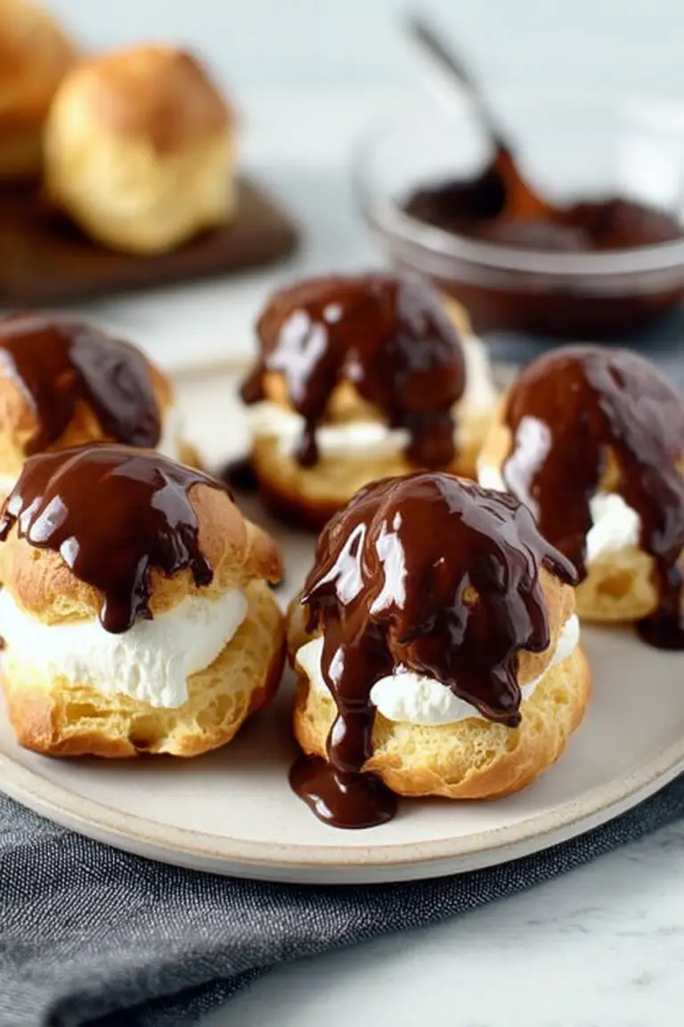 Close-up of golden-brown profiteroles filled with vanilla ice cream, drizzled with chocolate sauce.