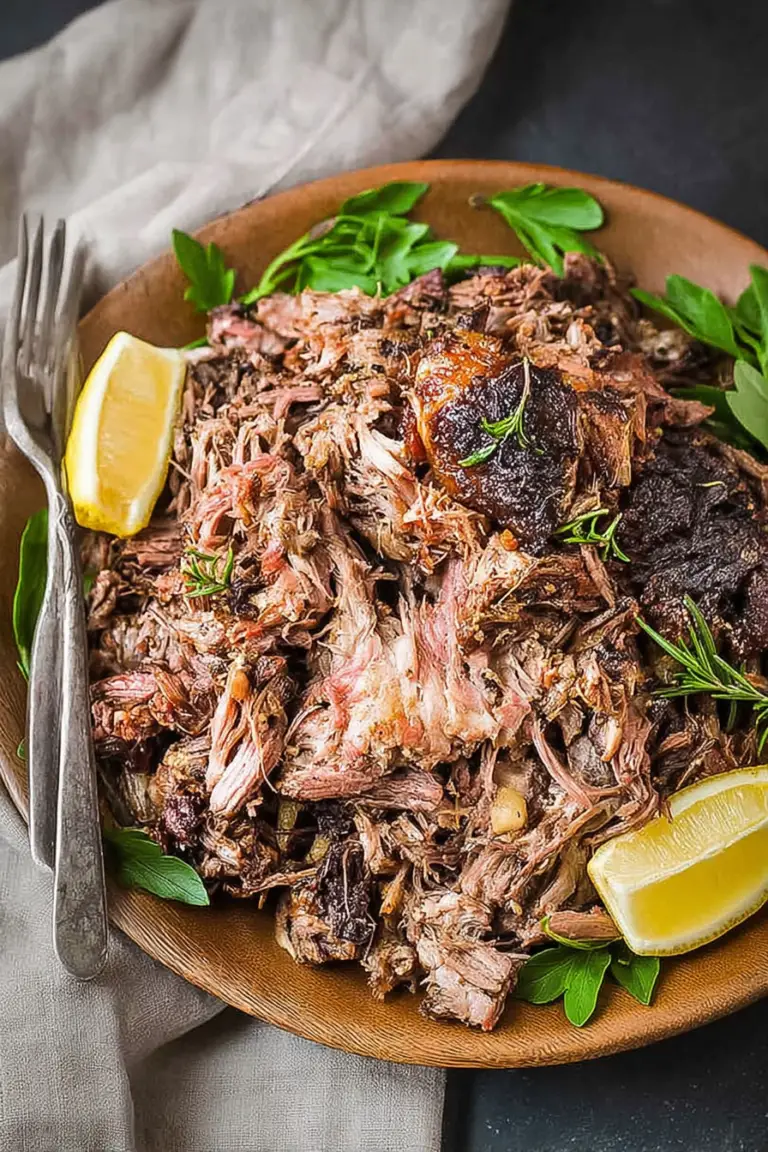 Plated pulled lamb with vermicelli rice, fresh salad, and Greek yogurt in a rustic setting.