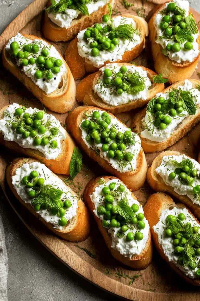 Ricotta crostini with peas and mint arranged on a platter, garnished with fresh mint leaves.