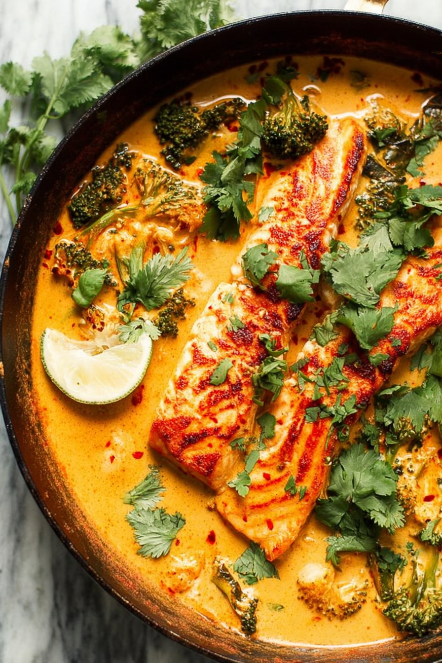 Delicious salmon coconut curry served in a bowl with rice and fresh basil.