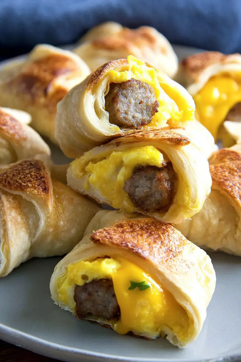 Delicious sausage and egg roll ups served on a wooden table, garnished with fresh herbs.