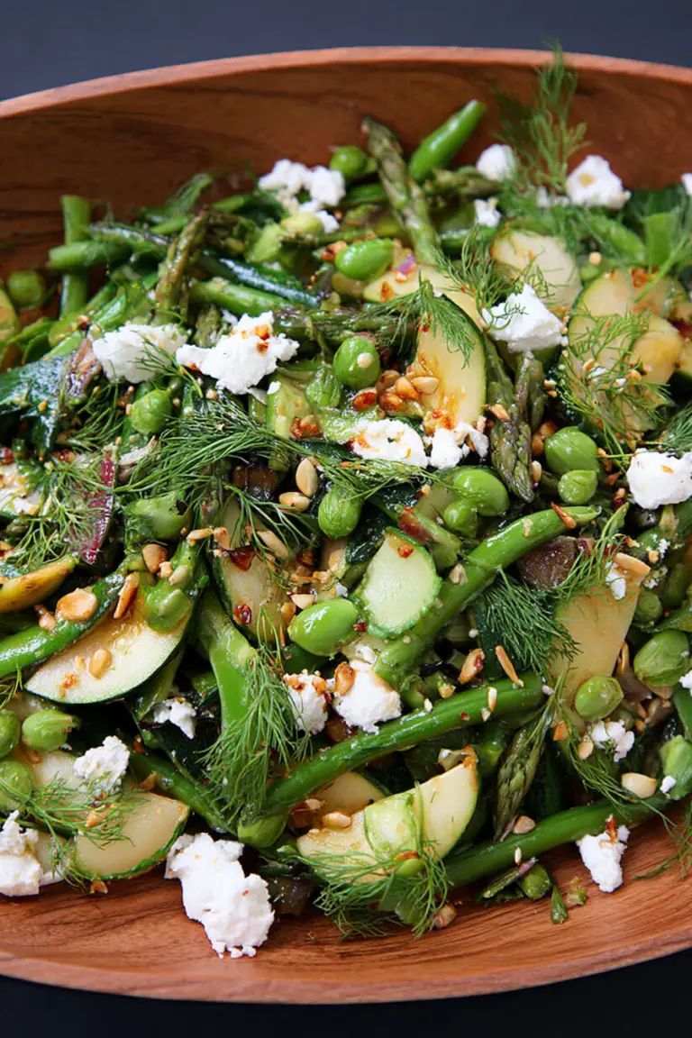 Sautéed spring vegetable salad with zucchini, asparagus, crushed pistachios, and feta cheese in a bowl.