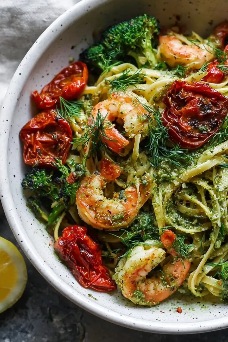 Shrimp pasta with dill pesto and garlic roasted tomatoes served with lemon wedges and fresh herbs.