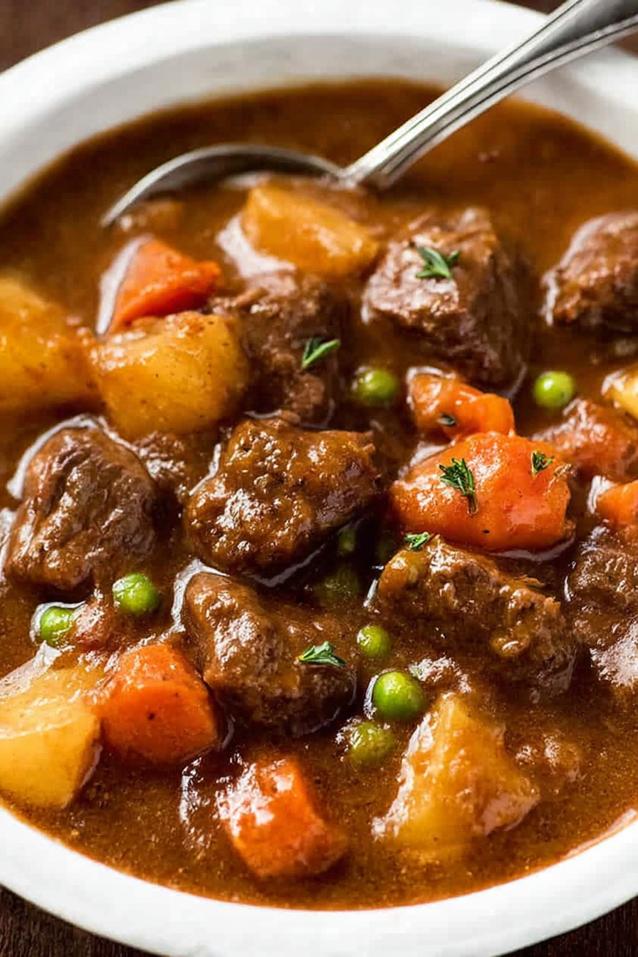 Bowl of slow cooker beef stew with herbs and crusty bread on a wooden table.