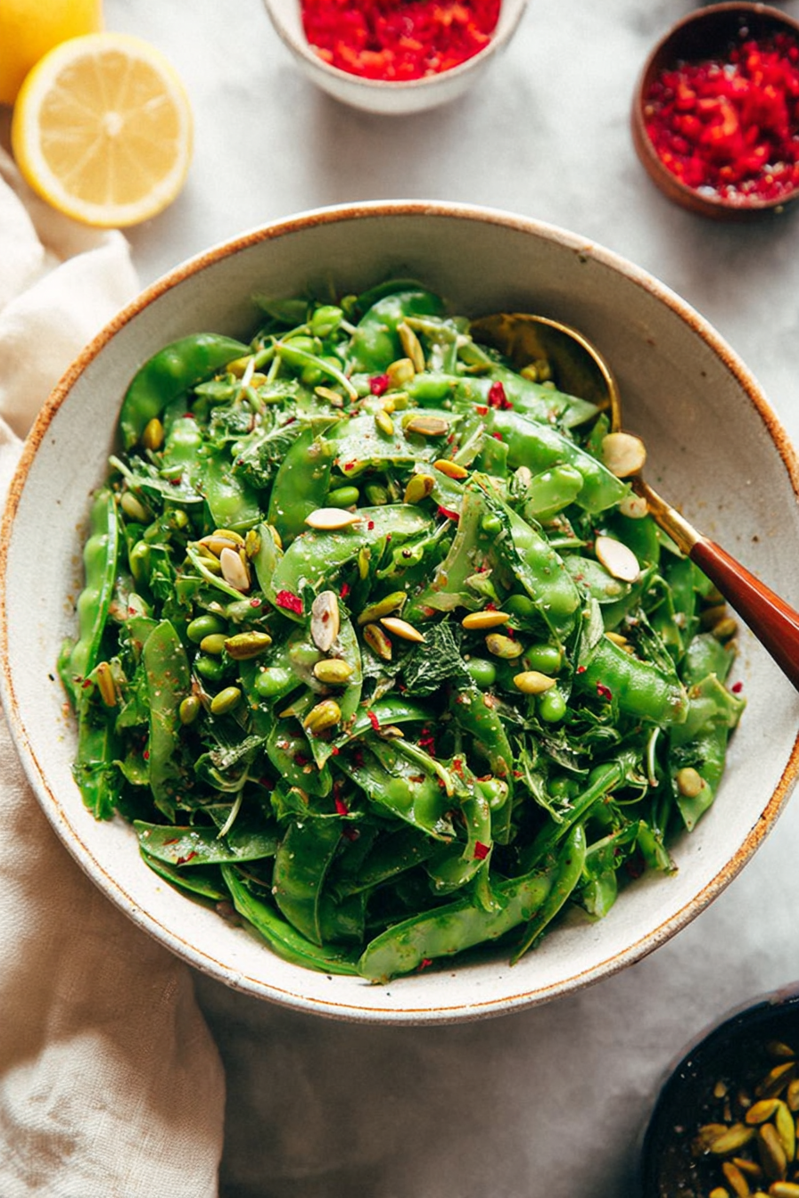 Bright and colorful snap pea salad with lemon vinaigrette, fresh basil, and pistachios in a rustic bowl.