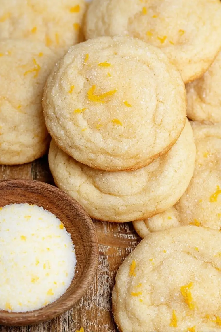 Close-up of soft and chewy lemon cookies with sugar dusting and lemon slices