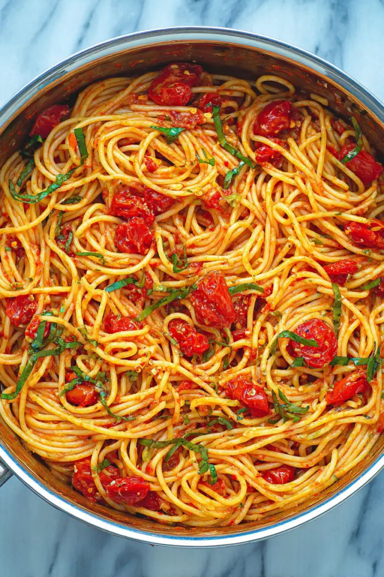 Plated spicy spaghetti with fresh basil, parmesan cheese, and red pepper flakes on a wooden table