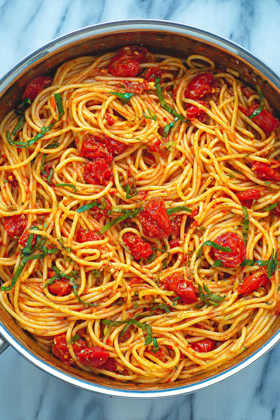 Plated spicy spaghetti with fresh basil, parmesan cheese, and red pepper flakes on a wooden table