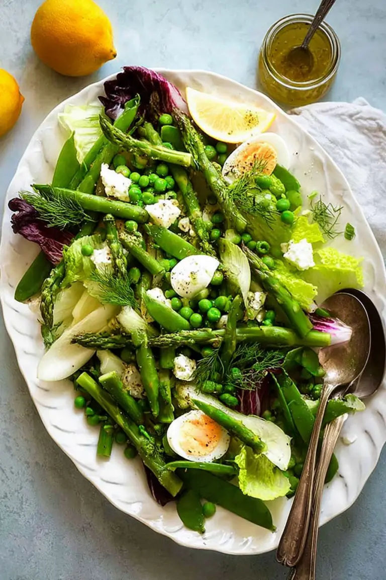 A fresh and colorful spring salad with asparagus, snow peas, and goats cheese in a bowl.