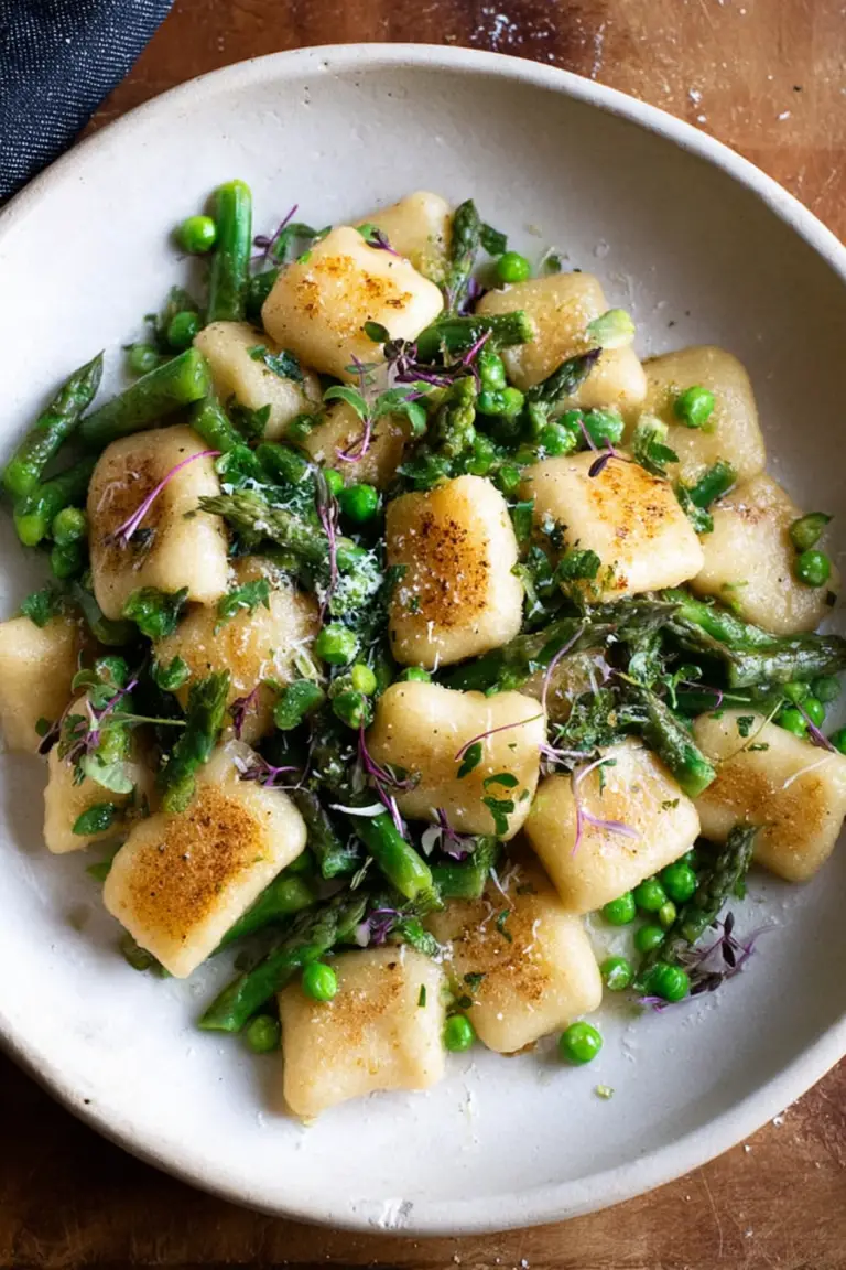 Plate of spring vegetable brown butter gnocchi topped with fresh vegetables and herbs, ready to serve.