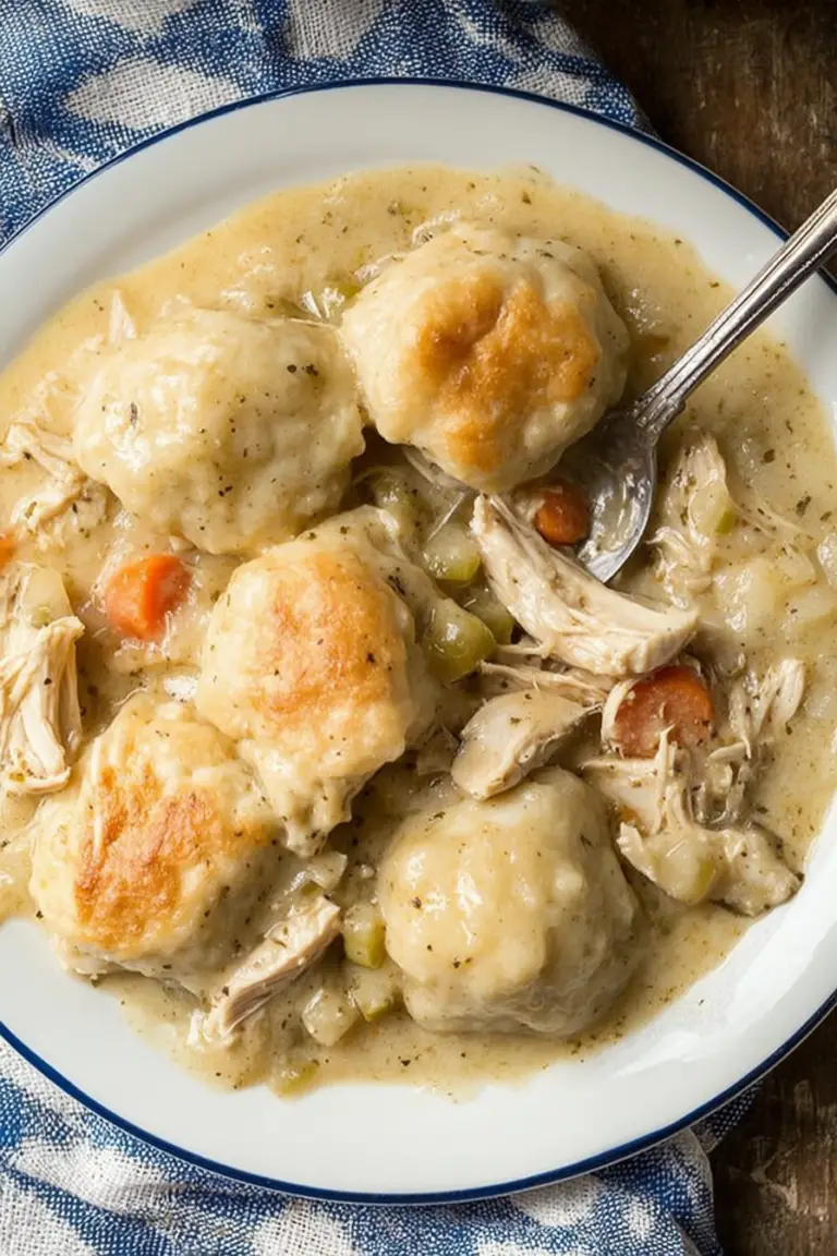 Steaming bowl of easy chicken and dumplings with biscuits, topped with fresh herbs in a creamy broth.
