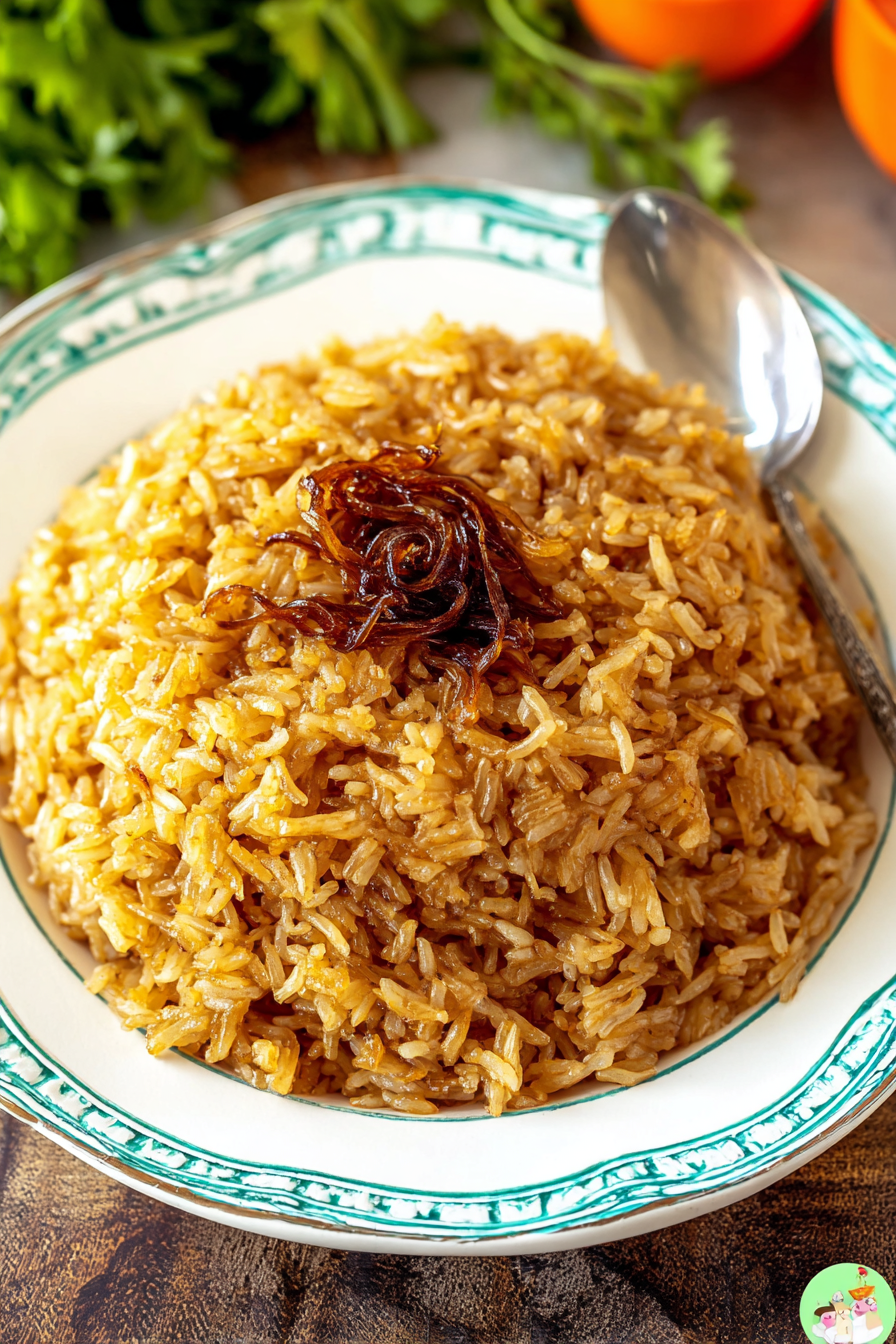 Plate of stick of butter rice with herbs and melting butter on a wooden table.