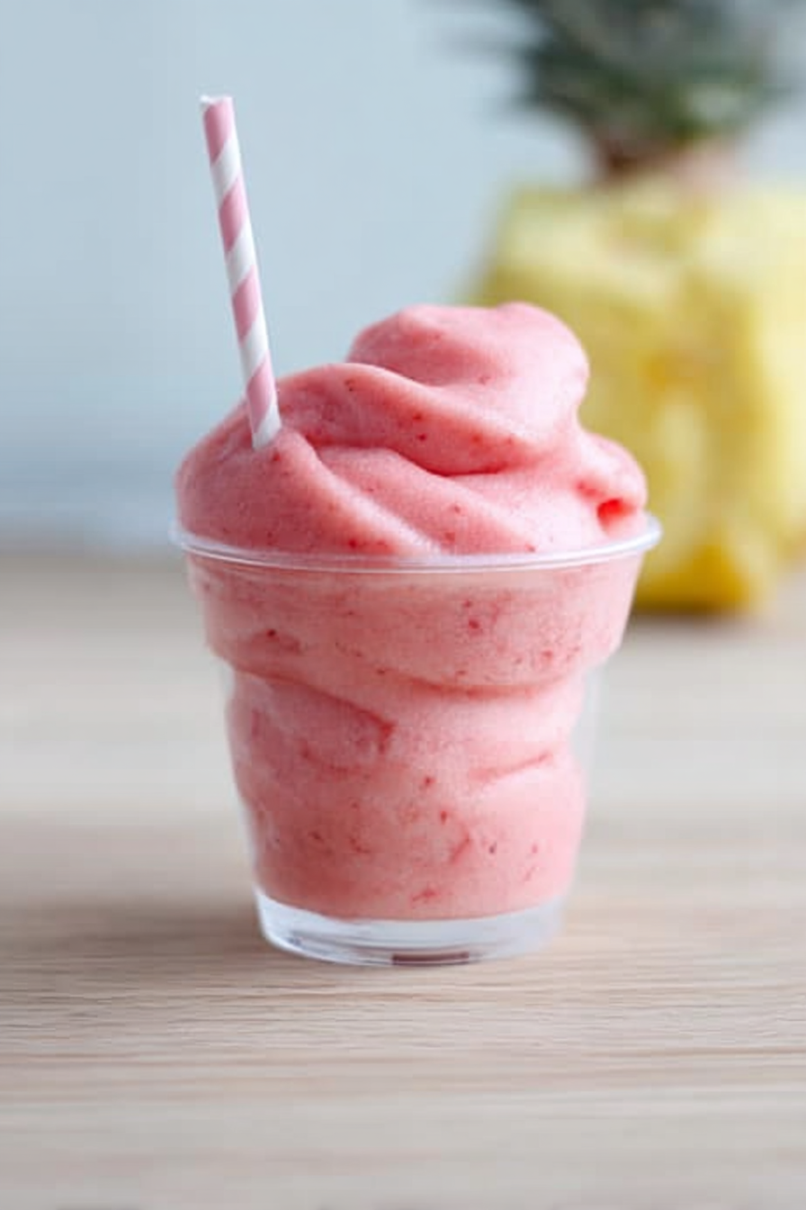 Delicious strawberry Dole Whip topped with fresh strawberries and mint on a bright background.