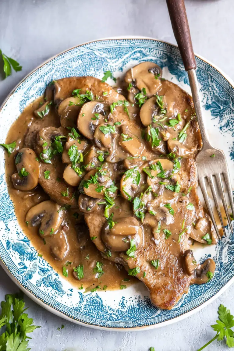 Plate of Veal Marsala with mushrooms, mashed potatoes, and green beans.
