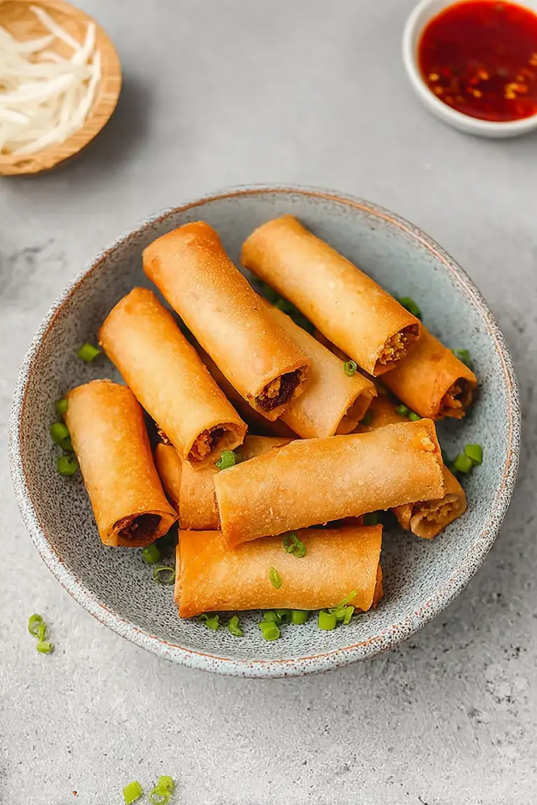 Golden-brown vegan Filipino spring rolls (lumpia) served on a wooden platter with dipping sauces.