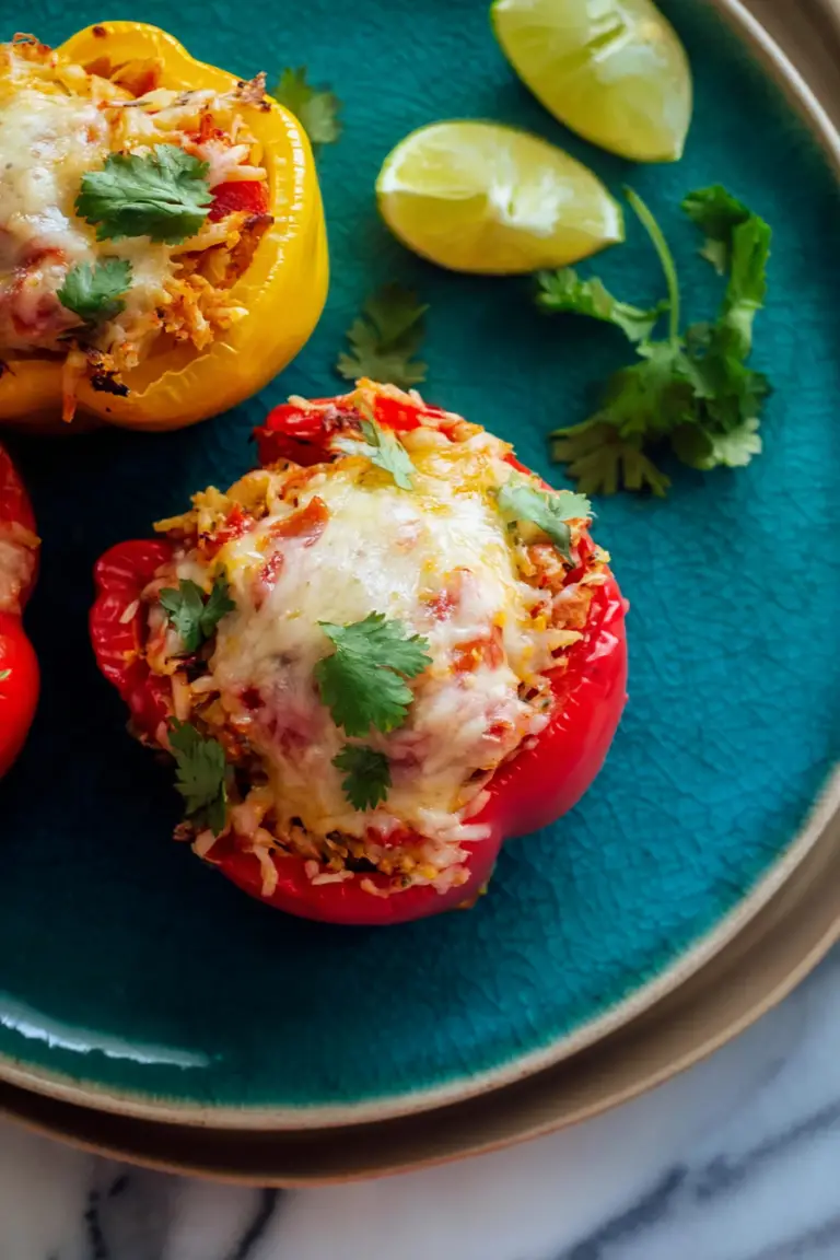 A colorful array of vegetarian stuffed peppers filled with pinto beans, brown rice, and fresh veggies, garnished with cilantro.
