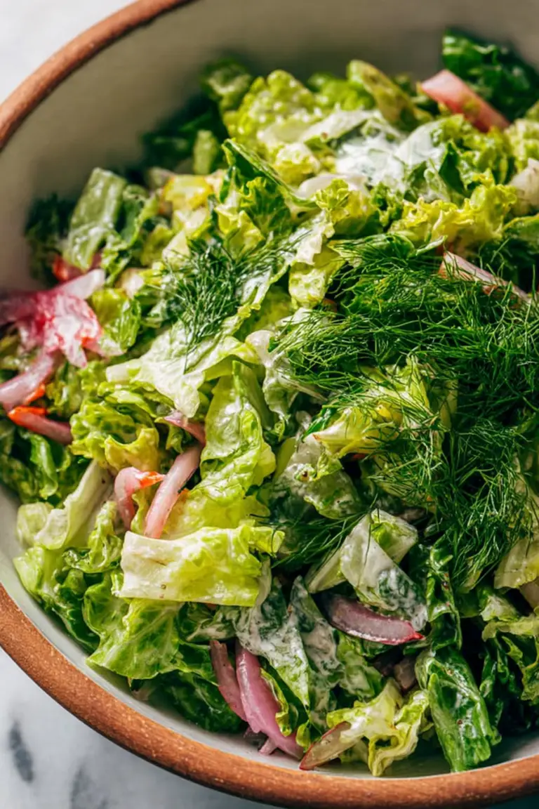 Vibrant bistro salad with fresh greens, herbs, and pickled onions in a bowl, drizzled with vinaigrette.