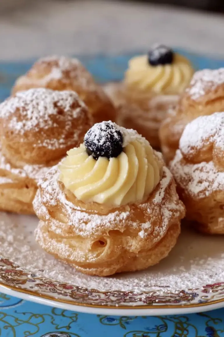 Delicious Zeppole di San Giuseppe topped with powdered sugar and a cherry on a rustic wooden background.