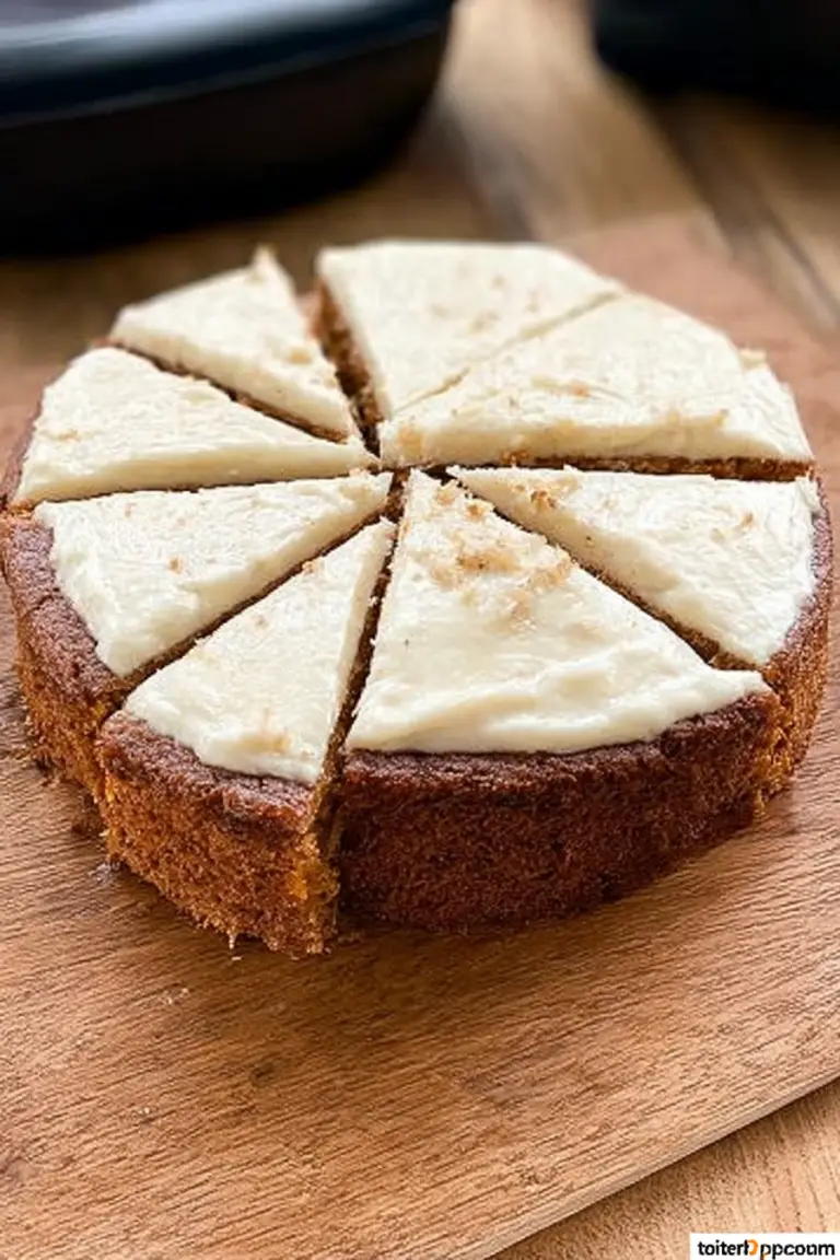 Slice of air fryer carrot cake with cream cheese frosting on a wooden table, garnished with carrots and cinnamon.