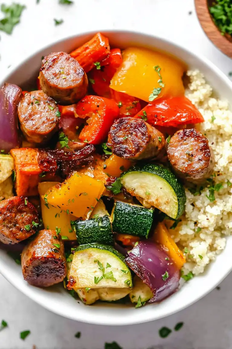 Healthy and colorful air fryer chicken sausage and veggies dish served on a plate, showcasing vibrant vegetables and sausage.