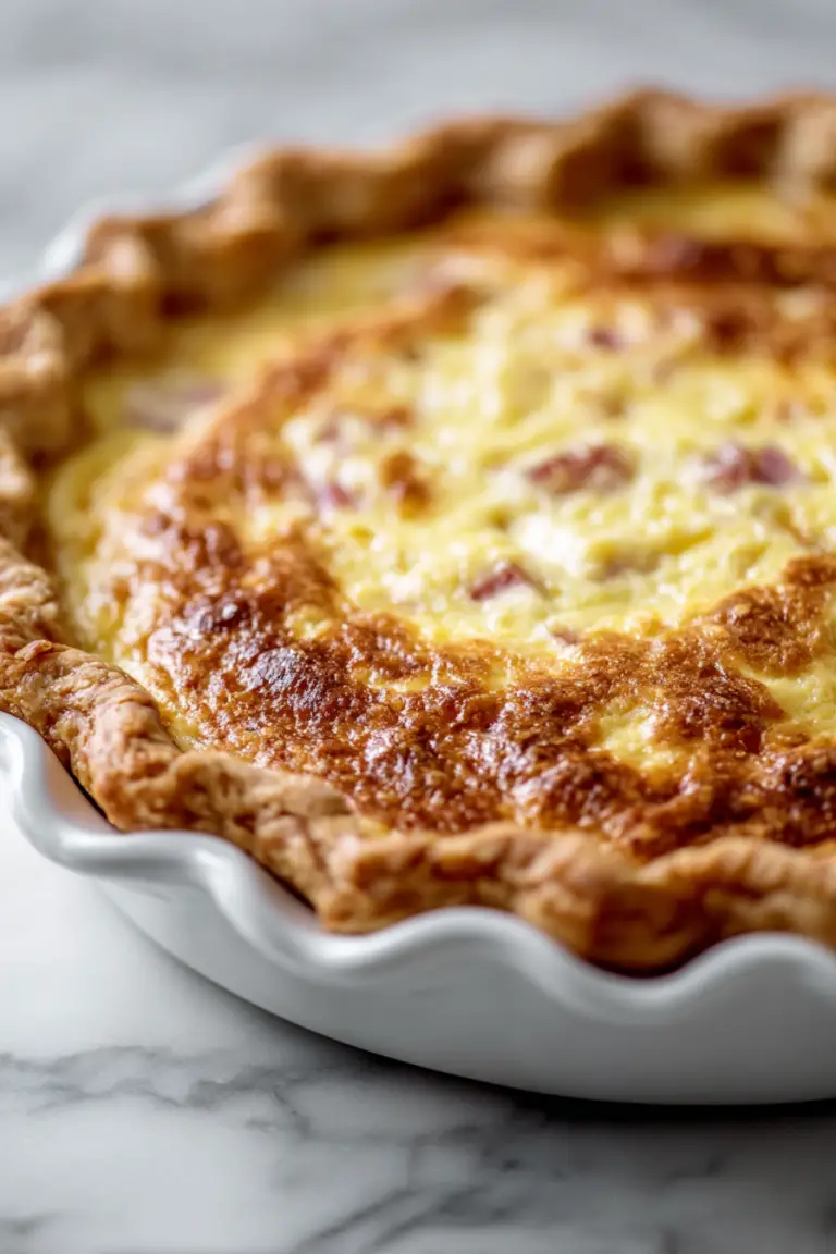 Freshly baked Amish rhubarb custard pie with slices cut out, laying on a rustic wooden table.