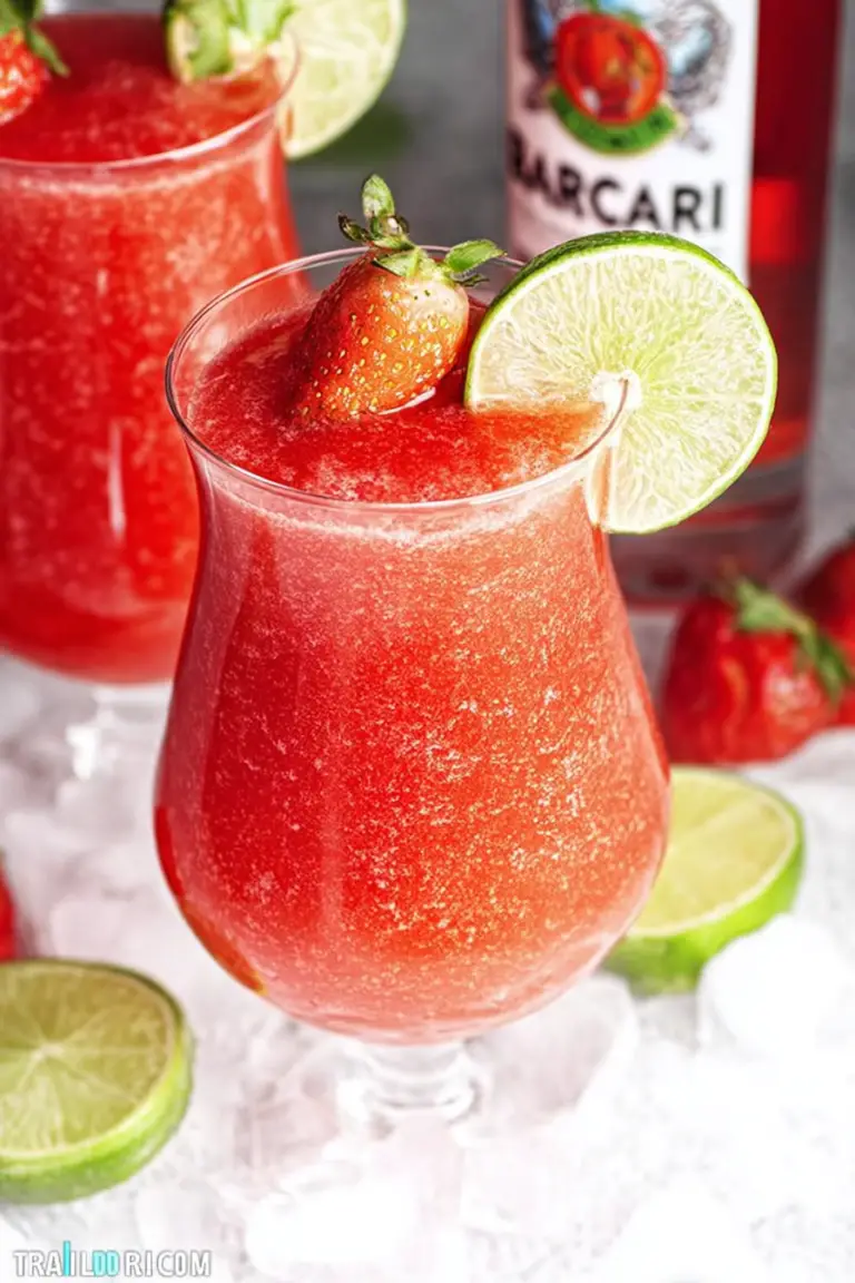 Garnished Bacardi Strawberry Daiquiri in a hurricane glass with fresh strawberries and lime slices.