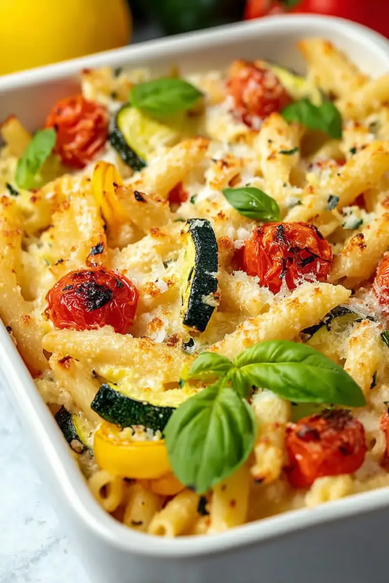 Delicious baked feta pasta with cherry tomatoes, basil, and parmesan cheese served on a plate.