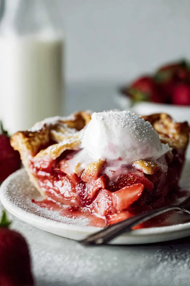Warm homemade baked strawberry pie with a scoop of vanilla ice cream on top, perfect dessert for any occasion.