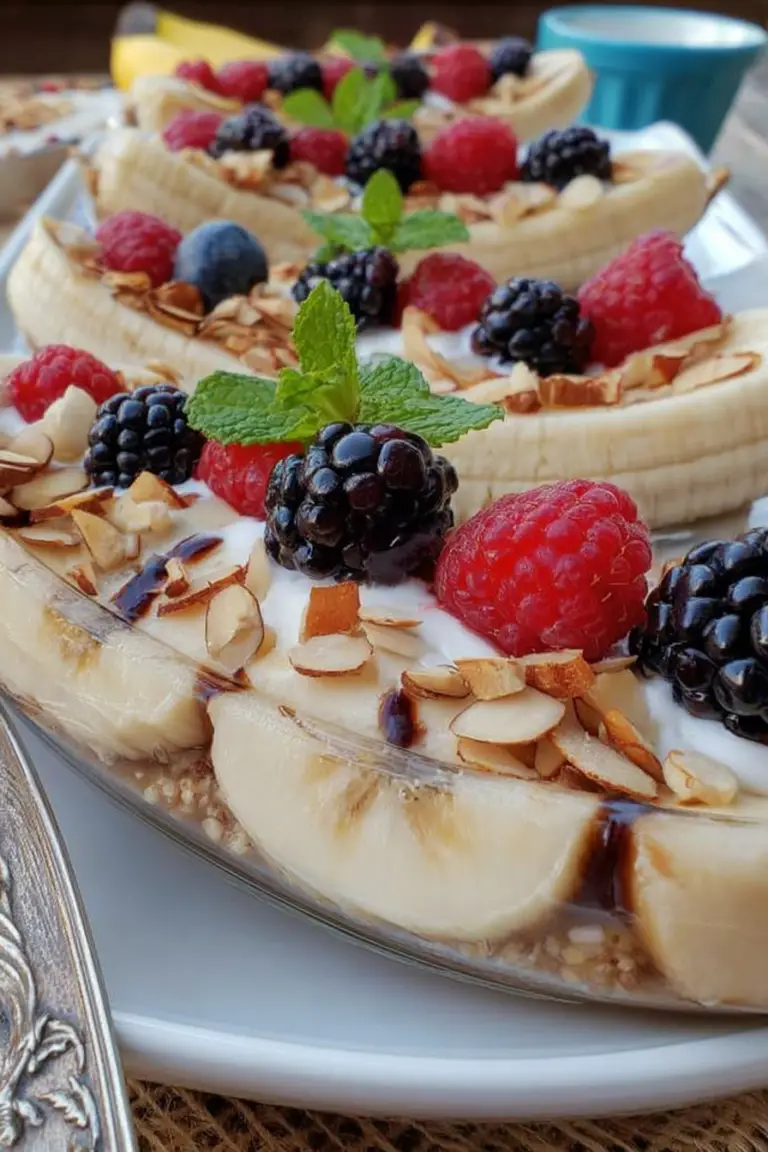 Colorful banana split breakfast bar featuring Greek yogurt, almond slices, granola, and fresh berries.