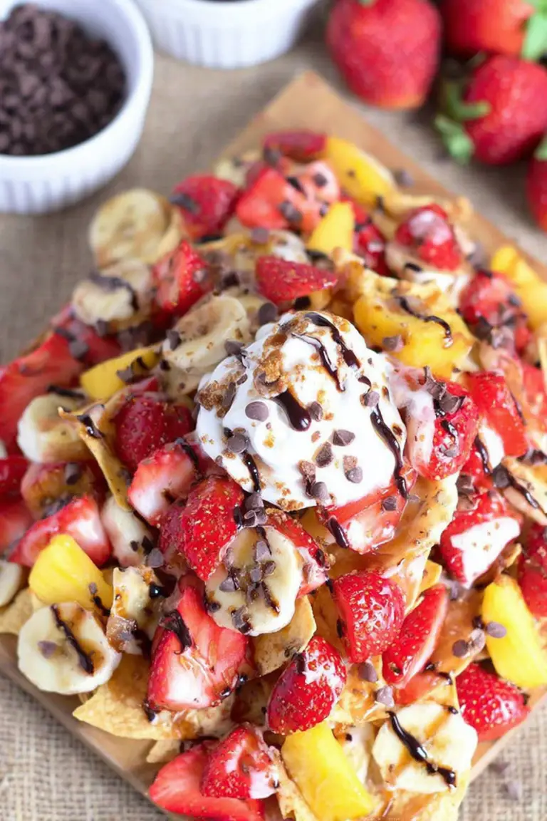 Delicious banana split grilled dessert nachos served with ice cream and topped with fresh fruits and chocolate chips.