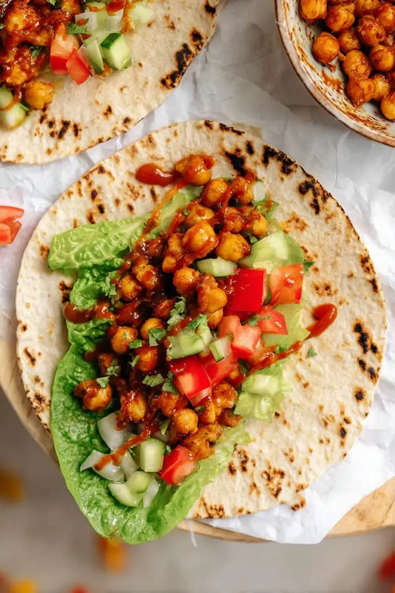Colorful BBQ chickpea wrap filled with fresh vegetables and chickpeas on a cutting board.