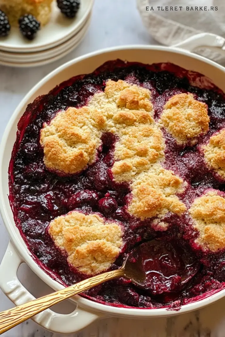 Delicious Bisquick blackberry cobbler served with vanilla ice cream and fresh blackberries.
