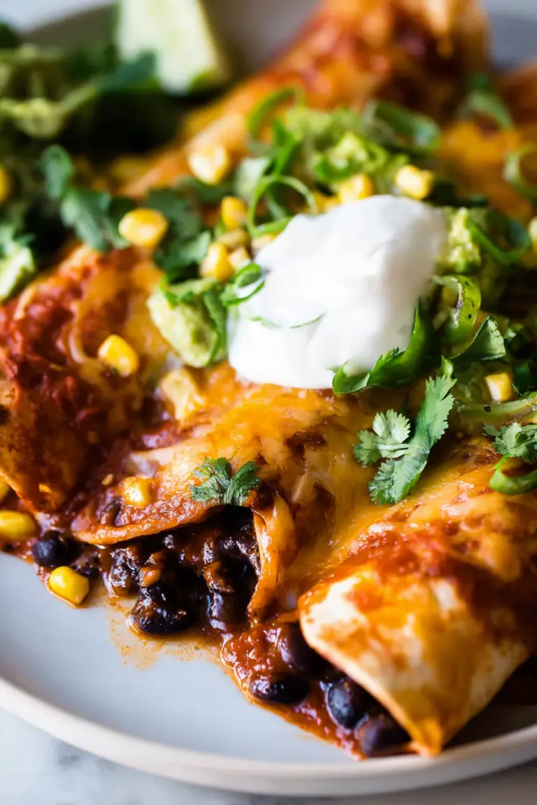 Delicious black bean enchiladas garnished with cheese, cilantro, and avocado slices on a wooden table.