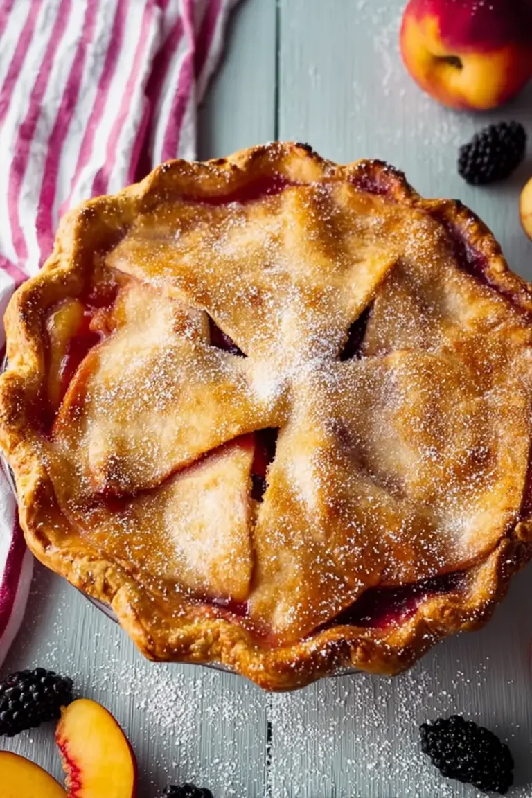 Close-up of a freshly baked blackberry peach pie with a flaky crust and fresh fruit protruding from the top.