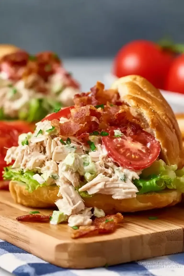 Delicious BLT Chicken Salad with cherry tomatoes and crispy bacon served in a rustic bowl.