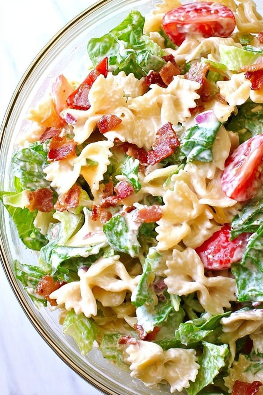 Delicious BLT Pasta Salad with bacon, lettuce, and tomatoes in a bowl.