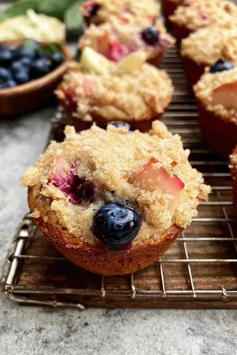 Freshly baked blueberry rhubarb muffins with blueberries and rhubarb on a wooden table.