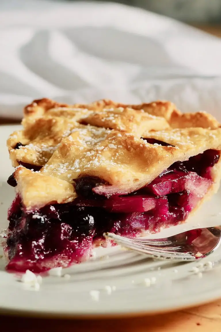 Freshly baked blueberry-rhubarb pie with blueberries and rhubarb stalks on a wooden table.