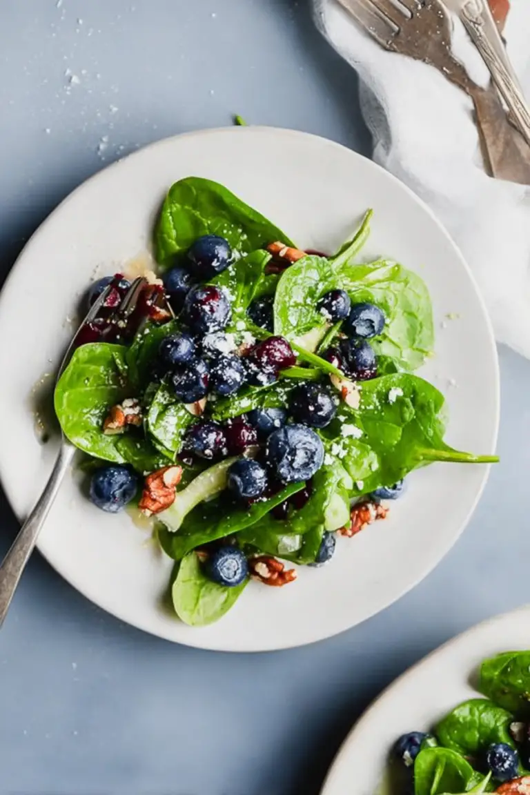 Blueberry spinach salad with honey balsamic dressing in a bowl, featuring fresh blueberries, spinach, pecans, and a jar of dressing nearby.