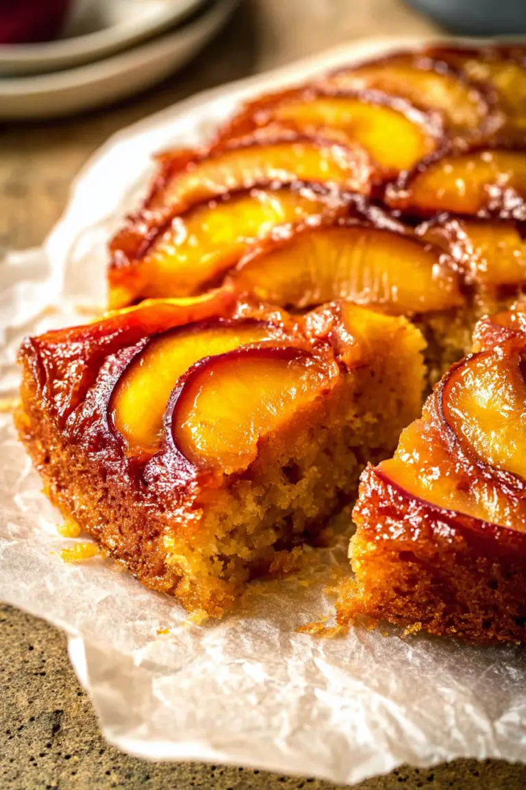 Slice of bourbon peach upside-down cake with caramelized peaches and bourbon sauce on a wooden table.