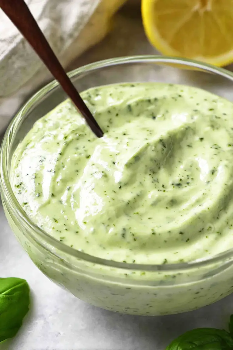 Bowl of basil aioli with fresh basil, garlic, and lemon on a wooden table.
