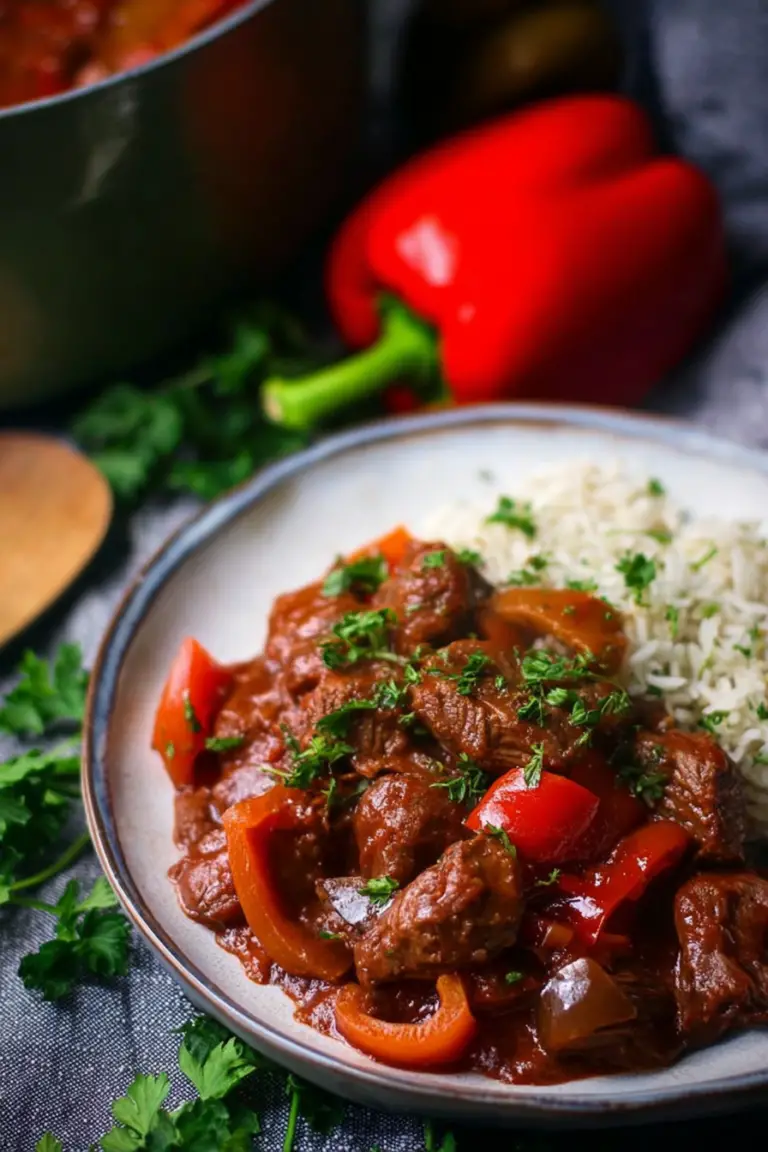 Plated braised veal and peppers with rice, garnished with fresh parsley.